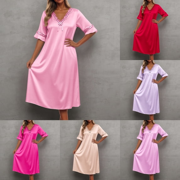 TrendOFT Long Nightgowns for Women Lace Short Ruffle Sleeve Night Gown Victorian Sleep Dress Silk Satin Soft Night Dress Ladies Sleepwear Beige L