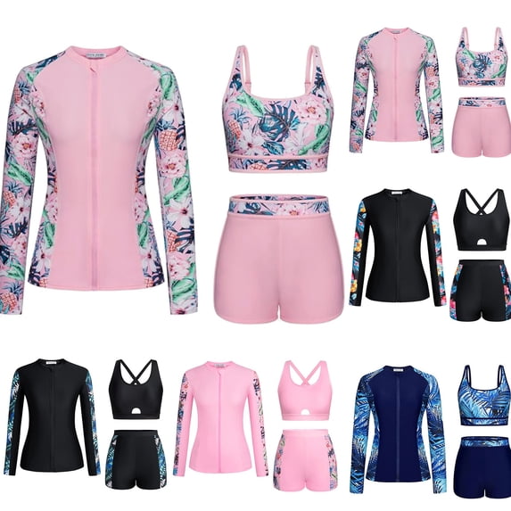 TrendOFT Long Sleeve Swimsuits for Women 3 Piece Rash Guard with Shorts Zipper UPF 50+ Swim Shirt with Built in Bra Pink L