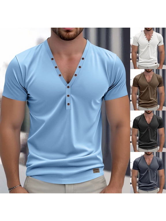 Men's Shirts Summer Short Sleeve Slim Fit Trendy Deep V Neck Button Henley Casual Fashion Breathable Daily Mens Tees Black L