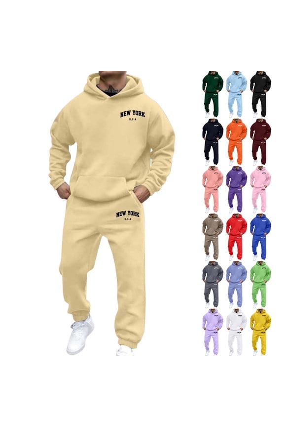 Men's Tracksuit 2 Piece Jogging Suit Letter Graphic Sweatsuit Casual Hoodie and Sweatpant Set Activewear Beige L