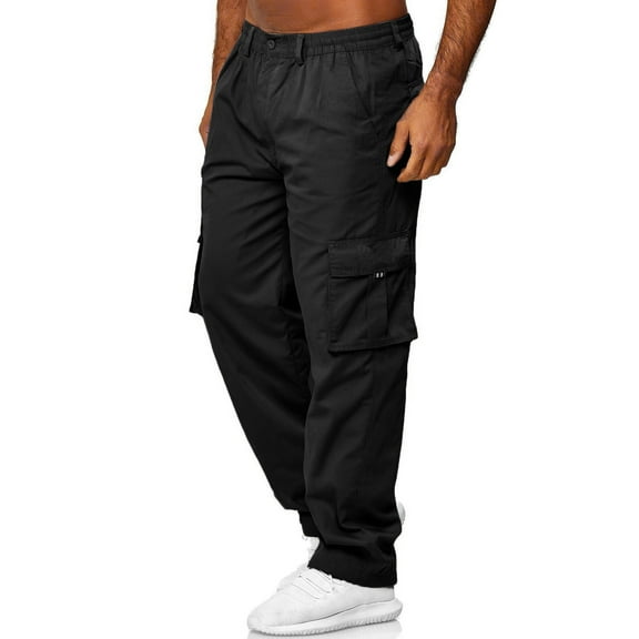 TrendOFT Mens Baggy Cargo Sweatpants Drawstring Casual Hiking Sweat Pants with Multi Pockets Athletic Loose Fit Straight Leg Cargo Pants for Men Black M