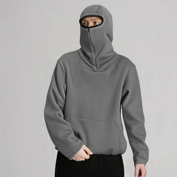 TrendOFT Mens Balaclava Hoodie Half Zipper Ninja Hoodie Wind Resistant Hooded Sweatshirt with Mask Athletic Coat Streewear Light Gray S