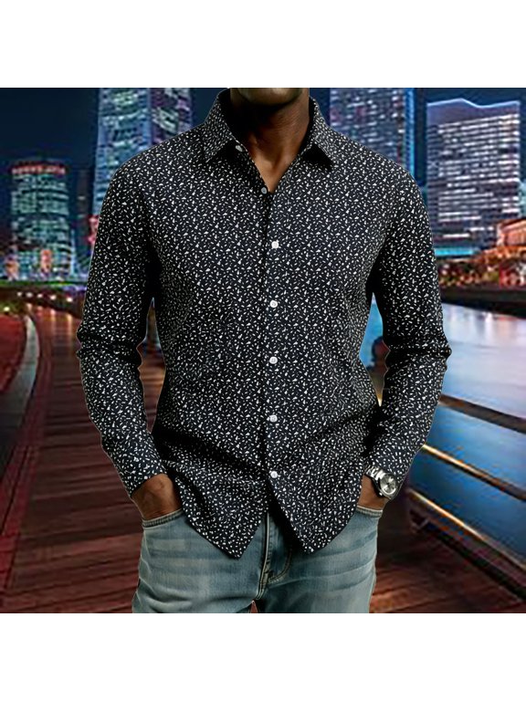 Mens Button Down Shirt Summer Spring Allover Nature Print Long Sleeve Lapel Casual Top Oversized Relax Cut Big Size Fall Urban Outdoor Casual Wear Blouses Mens T-Shirts Black