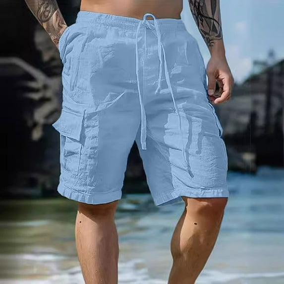 TrendOFT Mens Cargo Shorts with Pockets Cotton Linen Casual Work Shorts for Men No Belt Blue L