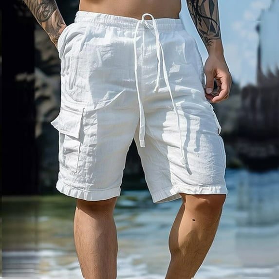 TrendOFT Mens Cargo Shorts with Pockets Cotton Linen Casual Work Shorts for Men No Belt White L