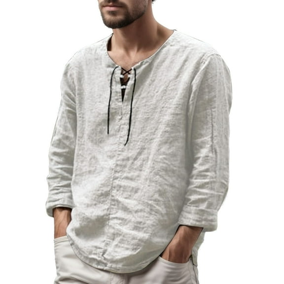 TrendOFT Mens Cotton Linen Henley Shirts Long Sleeve Hippie Casual Solid Beach T-Shirts Beige XXL