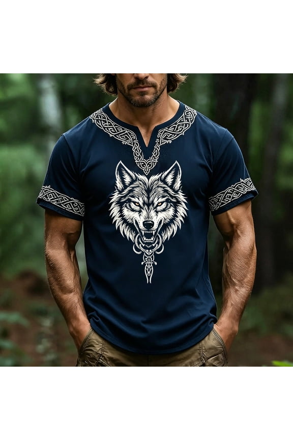 Mens Graphic Tees Ancient Viking Warrior Art Printed Short Sleeve Round Neck Loose Retro Fashion Daily Mens Tees Dark Blue XXL