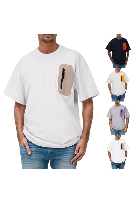 Mens Graphic Tees Double Yarn Cotton Color Block Zip Pocket Crew Neck Oversize Short Sleeve Loose Casual Street Mens Tees Beige L