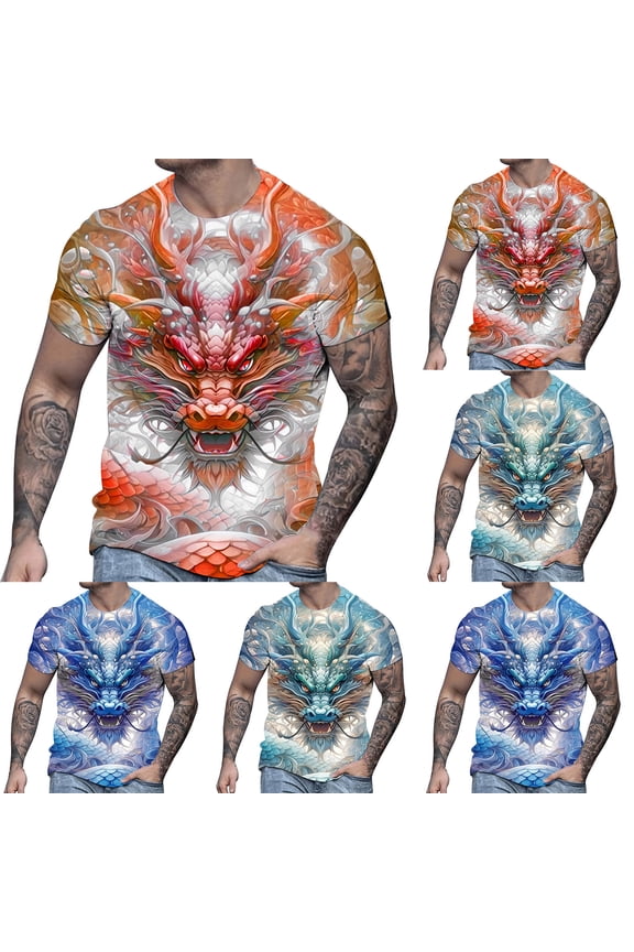 Mens Graphic Tees Dragon Animal Pattern 3D Digital Printed Crew Neck Short Sleeve Summer Street Casual Outdoor Mens Tees Blue L