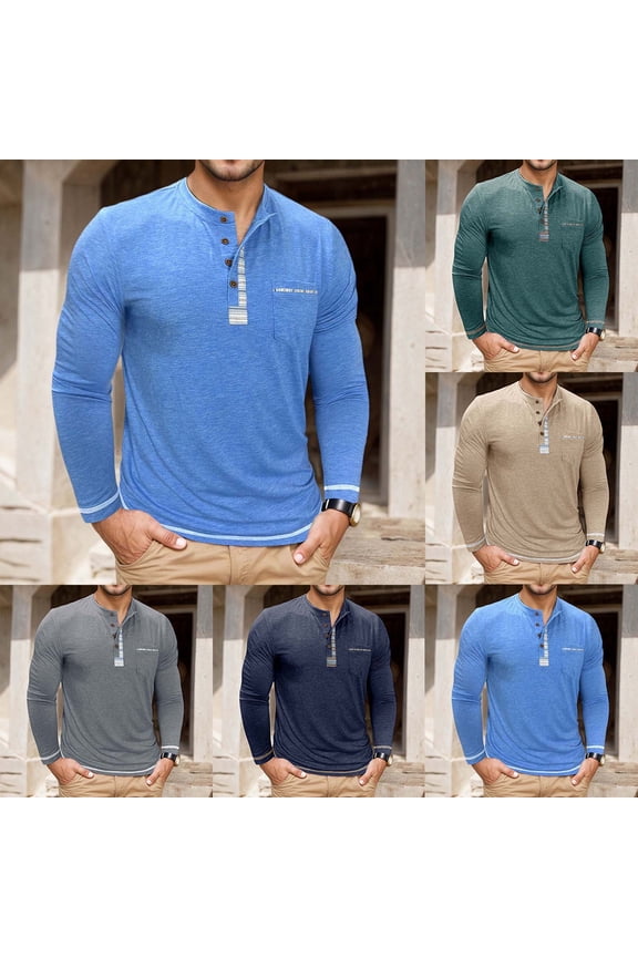 Mens Graphic Tees Long Sleeve Button Up Henley Shirts Slim Fit Base Layer Casual Daily Wear Soft Breathable Solid Color Pullover Men's T-Shirts Blue L