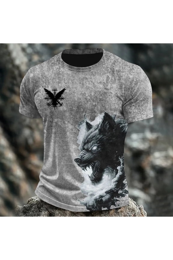 Mens Graphic Tees Norse Viking Symbol Printed Short Sleeve Crew Neck Loose Retro Fashion Men's T-Shirts Grey M