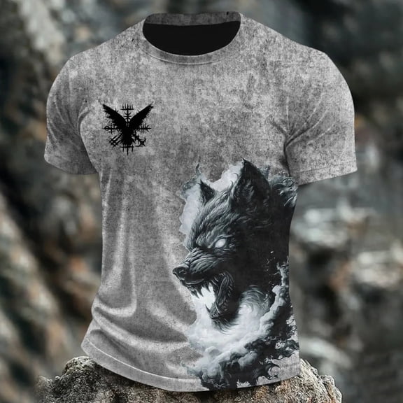TrendOFT Mens Graphic Tees Norse Viking Symbol Printed Short Sleeve Crew Neck Loose Retro Fashion Men's T-Shirts Grey XL
