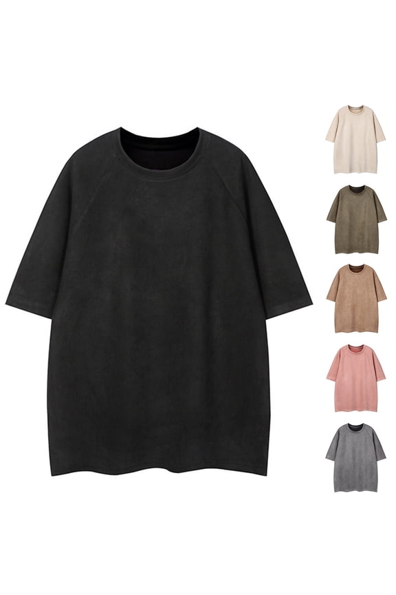 Mens Graphic Tees Retro Suede Fabric Raglan Sleeve Crew Neck Short Sleeve Loose Soft Casual Fashion Daily Street Wear Men's Shirts Black L