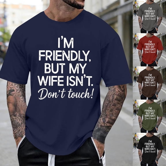 TrendOFT Mens Graphic Tees Slogan Letter I'M FRIENDLY BUT MY WIFE ISN'T Printed Short Sleeve Crew Neck Loose Oversized Casual Daily Mens Tees Army Green XL