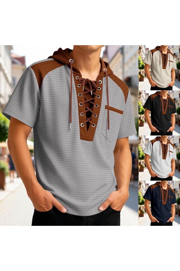 Mens Graphic Tees Summer Large Grid Color Block Hooded Short Sleeve Lace Up Splice Loose Casual Pullover Street Wear Men's T-Shirts Black L