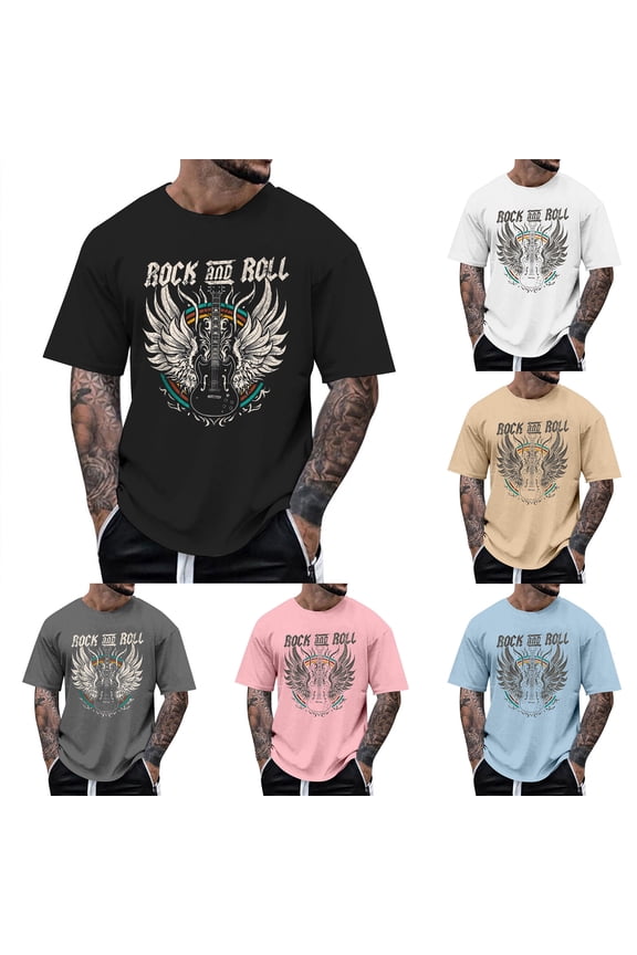 Mens Graphic Tees Summer Loose Short Sleeve Rock Music Trendy Printed Crew Neck Casual Street Mens Tees White XXL