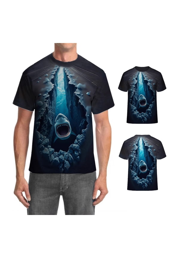 Mens Graphic Tees Trendy Foreign Trade Abyss Shark Sci-Fi Pattern 3D Digital Printed Short Sleeve Crew Neck Loose Street Casual Daily Wear Mens Tees Dark Blue L