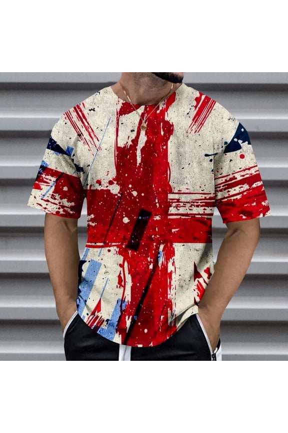 Mens Graphic Tees UK Union Jack Full Print Round Neck Short Sleeve Casual Street Daily Loose Fit Men's T-Shirts Khaki L