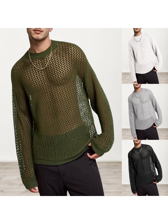 Mens Shirts Grid Sun Protection Long Sleeve Drop Shoulder Top Hollow Knit Sheer Woven Heavyweight Undershirt Breathable Stretch Casual Daily Mens Tees Black L