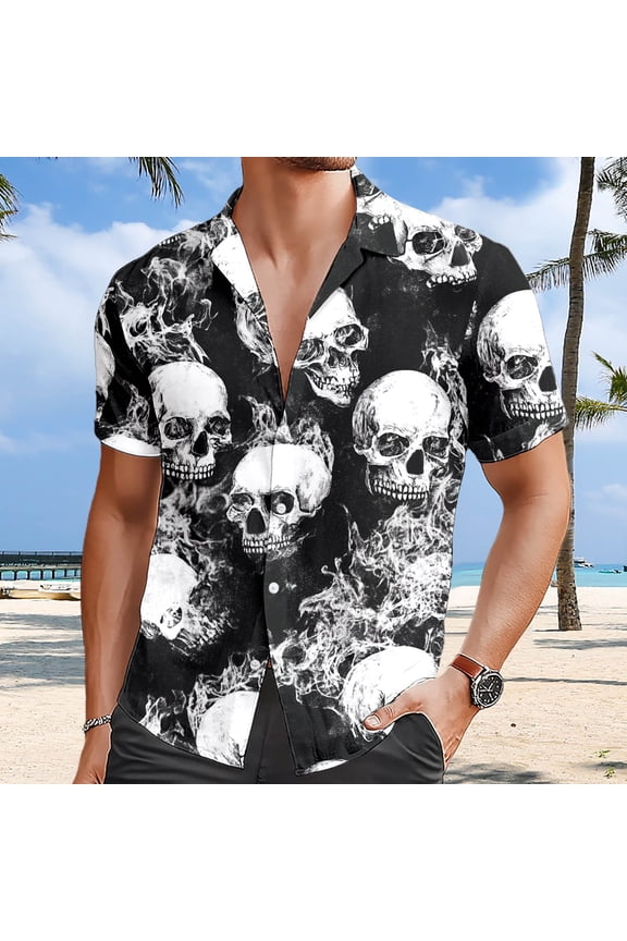 Mens Short Sleeve Button Down Shirts Hawaiian Tropical Skull Print Casual Short Sleeve Full Button Front Shirt Soft Thin For Warm Weather Vacation Casual Matching Mens Casual Tees Grey