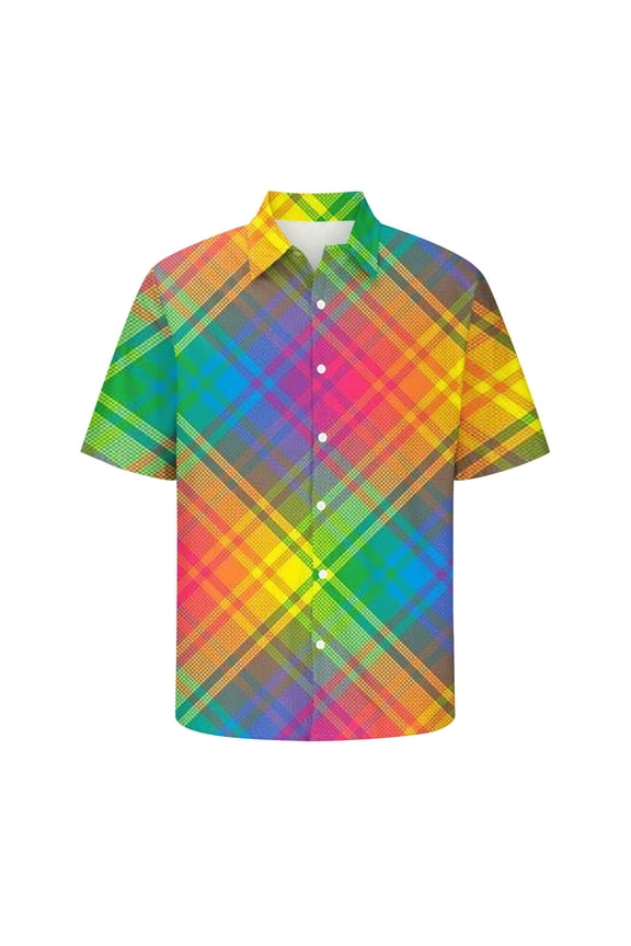 Mens Short Sleeve Button Down Shirts Rainbow Allover Print Lapel Short Sleeve Button Front Casual Blouse Bright Light For Summer Trend Street And Vacation Wear Mens TShirts Multicolour