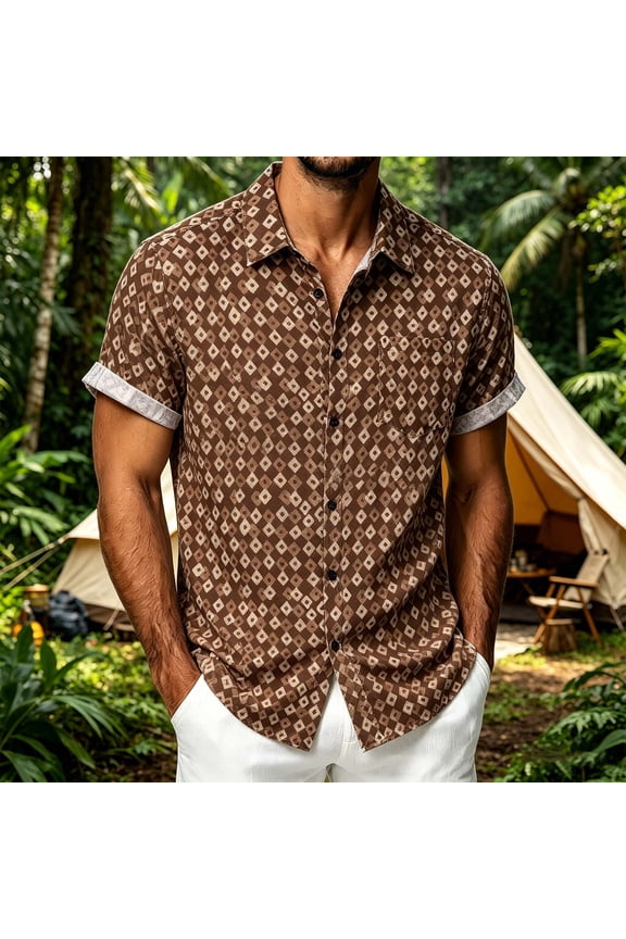 Mens Short Sleeve Button Down Shirts Retro Alpine Mountain Print Lapel Long Sleeve Button Up Blouse Washed Vintage Woven For Spring Hiking And Casual Outfit Mens TShirts Coffee