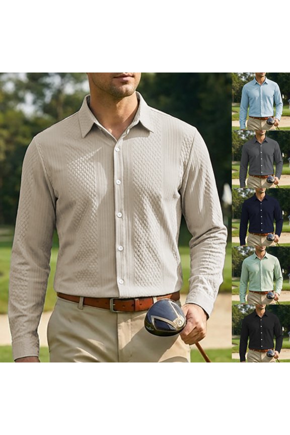 Mens Short Sleeve Button Down Shirts Subtle Jacquard Weave Long Sleeve Breathable Business Casual Blouse Thin Cool Relax Fit Spring Autumn Office Outdoor Tops Mens Polo Shirts Black