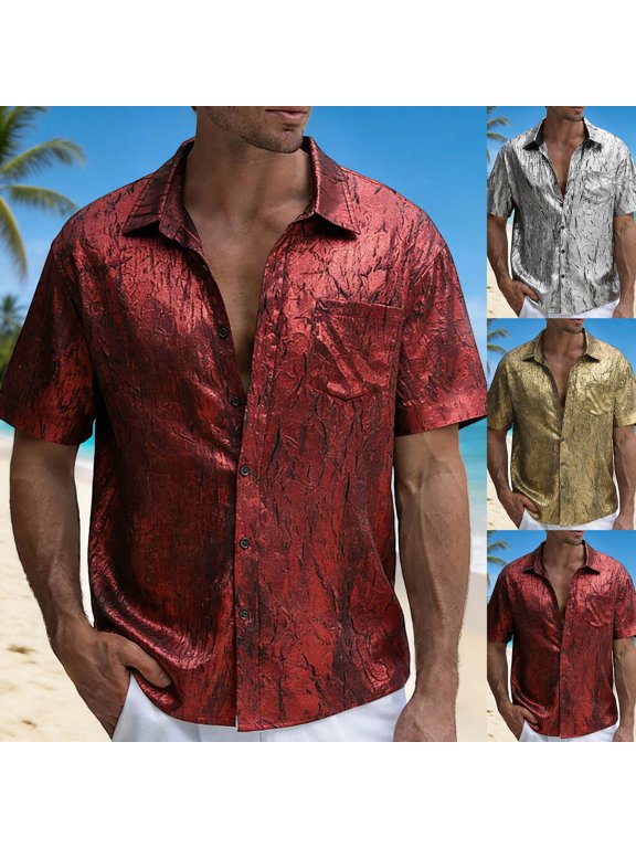Mens Short Sleeve Button Down Shirts Vintage Gold Foil Detail Oversized Beach Short Sleeve Collared Front Button Top Airy Wrinkle Free For Summer Seaside Resort Mens Beach Tees Gold