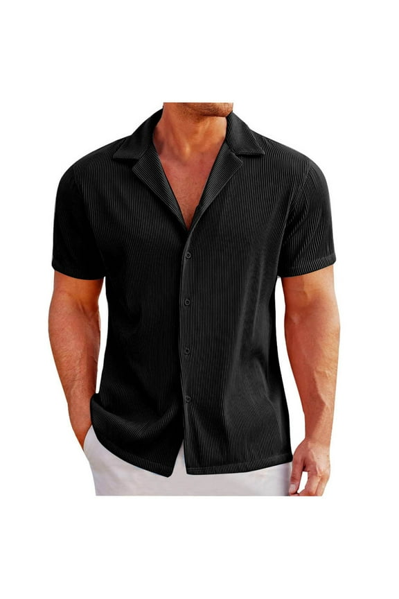 Mens Short Sleeve Cuban Guayabera Shirt Casual Summer Beach Button Down Shirts for Men T-Shirt Black L