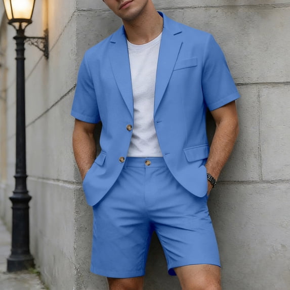 TrendOFT Mens Suit Sets Casual Formal Jackets And Shorts Two Piece Blazer Set Wedding Party Business Wear Blue XXL