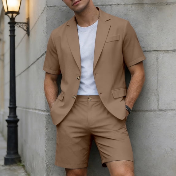 TrendOFT Mens Suit Sets Casual Formal Jackets And Shorts Two Piece Blazer Set Wedding Party Business Wear Coffee L