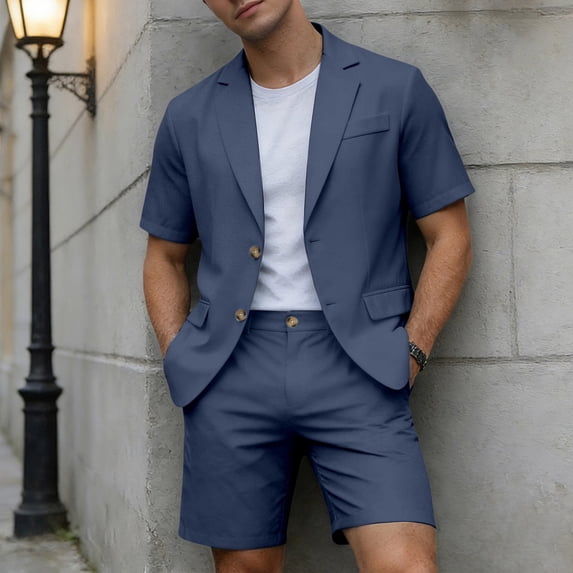 TrendOFT Mens Suit Sets Casual Formal Jackets And Shorts Two Piece Blazer Set Wedding Party Business Wear Navy XXXL