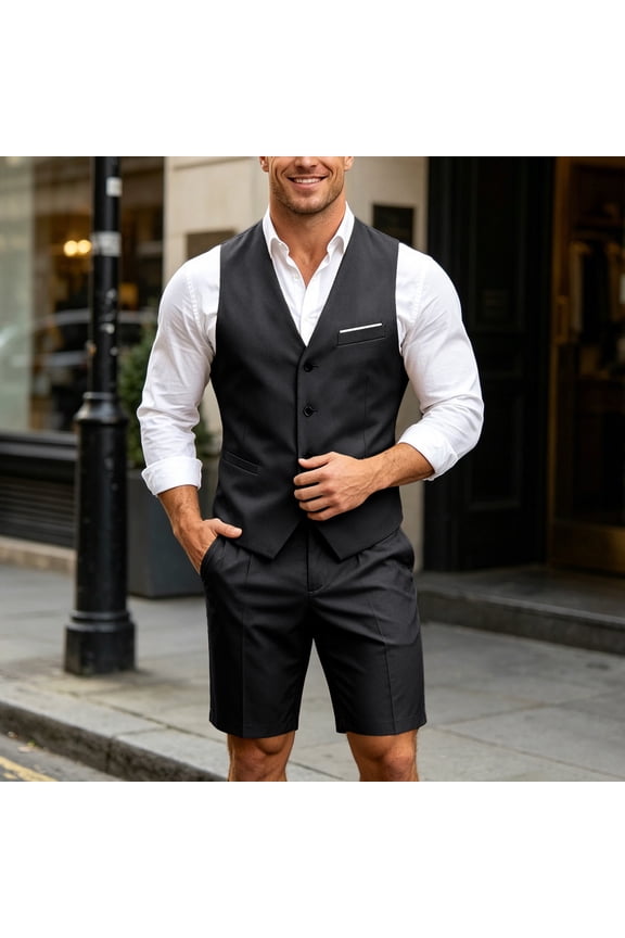 Mens Suit Sets Casual Formal Vest And Shorts Two Piece Blazer Set Wedding Party Business Wear Black S