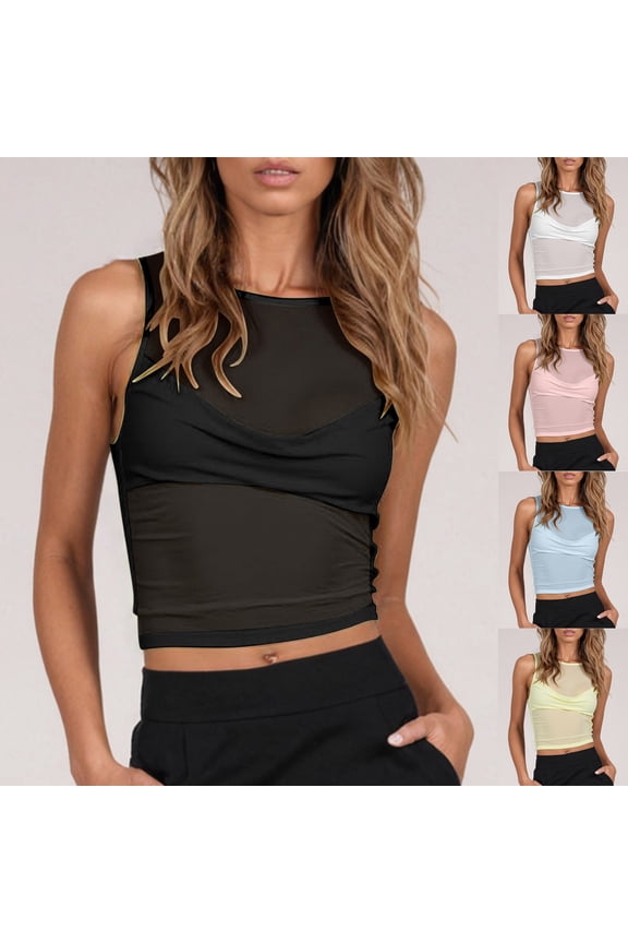 Mesh Sheer Tank Tops for Women See Through Crew Neck Sleeveless Summer Going Out Top Black S