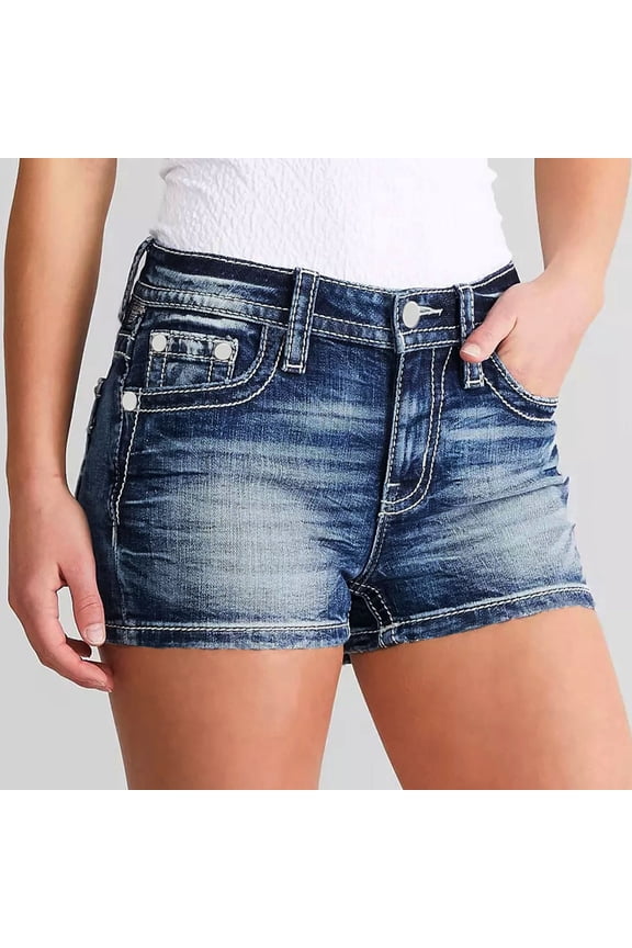 Mid Rise Denim Shorts for Women Pocket Washed Craft Jean Shorts Casual Everyday Blue L