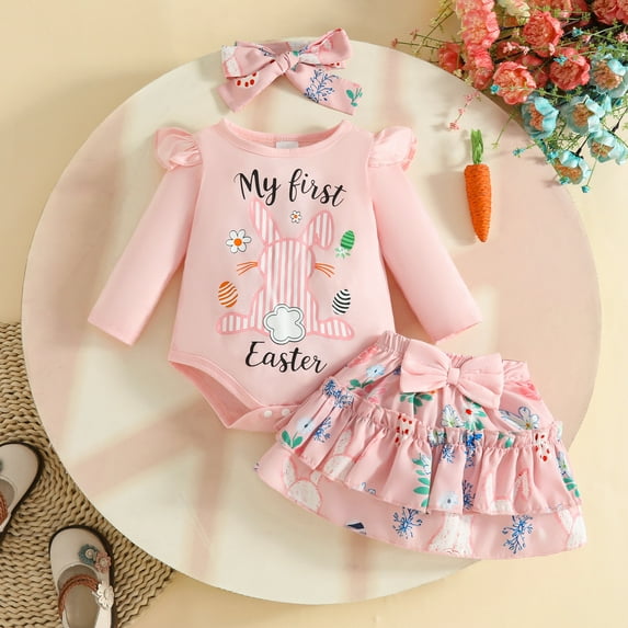 TrendOFT My First Easter Outfit Baby Girl Bunny Romper Bodysuit Ruffle Tutu Shorts Bloomer with Heandband 1st Easter Outfits Set Pink 0-3 Months