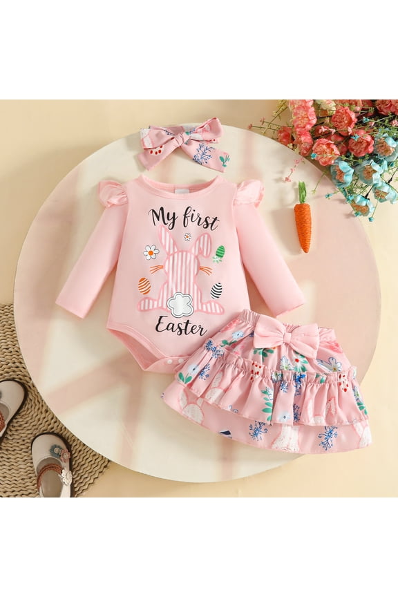 My First Easter Outfit Baby Girl Bunny Romper Bodysuit Ruffle Tutu Shorts Bloomer with Heandband 1st Easter Outfits Set Pink 6-12 Months