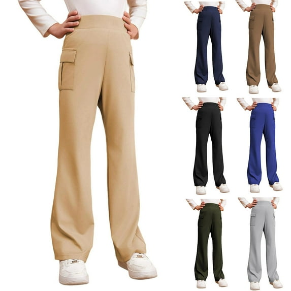 TrendOFT Navy Girls Flare Dress Pants Kids School Uniform Bell Bottoms with Elastic Waist for 15-16 Years
