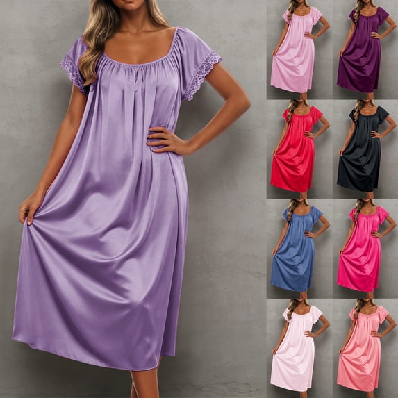TrendOFT Nightgowns for Women Long Sleeveless Ruffle Night Gown Victorian Sleep Dress Satin Soft Night Dress Ladies Sleepwear Watermelon Red One Size