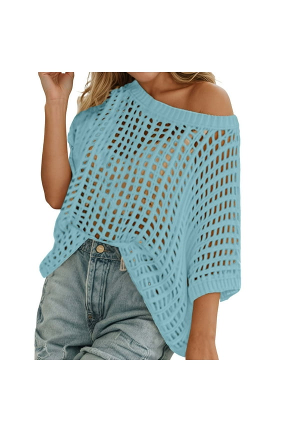 Off the Shoulder Sweater for Women Hollow Out Crochet Coverups Crew Neck Short Sleeve Casual Fall Tops Pullover Knit Tops Blue L