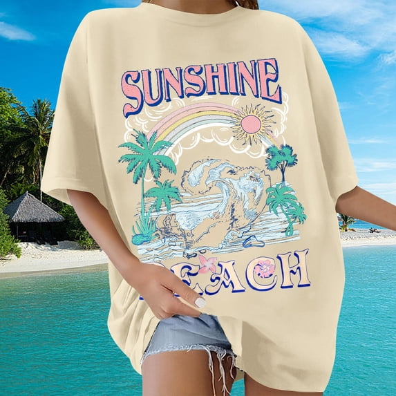 TrendOFT Oversized Graphic Tees for Women Hawaii Beach Floral Print Short Sleeve Shirts Casual Holiday Cute Summer Tops Beige L