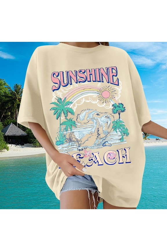 Oversized Graphic Tees for Women Hawaii Beach Floral Print Short Sleeve Shirts Casual Holiday Cute Summer Tops Beige L