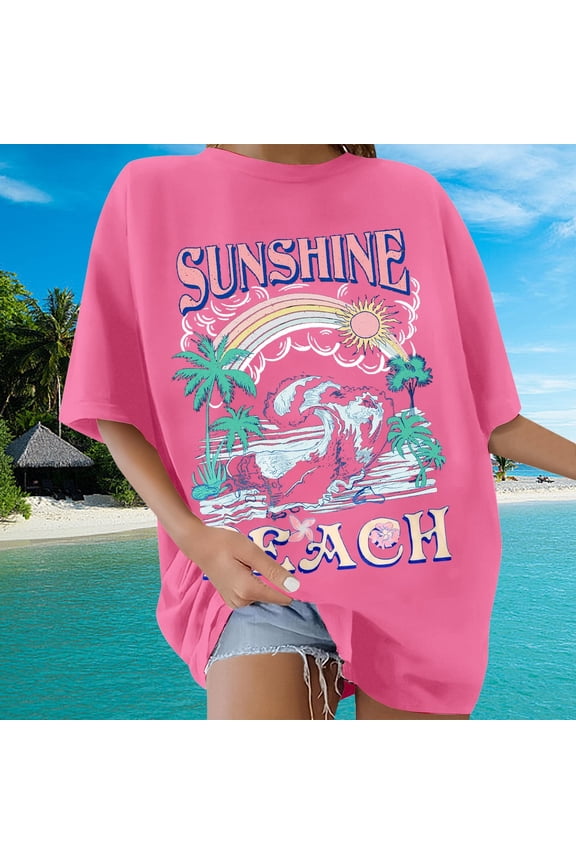 Oversized Graphic Tees for Women Hawaii Beach Floral Print Short Sleeve Shirts Casual Holiday Cute Summer Tops Hot Pink XXL