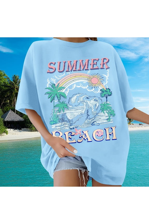 Oversized Graphic Tees for Women Hawaii Beach Floral Print Short Sleeve Shirts Casual Holiday Cute Summer Tops Sky Blue XL