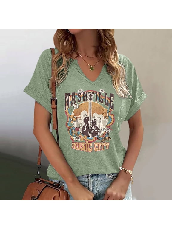Oversized Rock Band T Shirts for Women Country Music Shirt V Neck Tops Music City Tshirt Vintage Guitar Wings Graphic Tees Light Green XXL