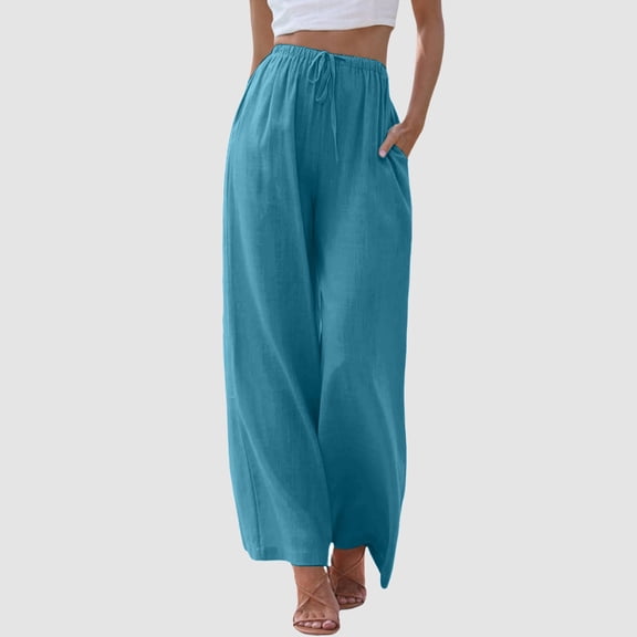 TrendOFT Palazzo Pants for Women Cotton Linen Flowy Wide Leg Beach Trousers with Pockets Casual Pants Sky Blue L