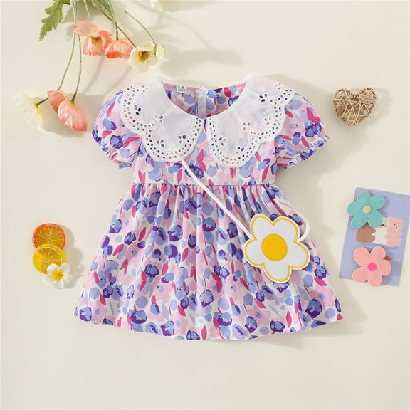 TrendOFT Party Wear Girls Dress Peter Pan Collar Tulip Flower Print Ruffle Trim Princess For Toddler Kids Wear Girls Dresses