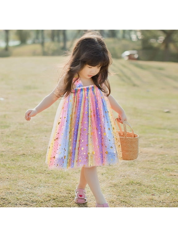 Party Wear Girls Dress Sleeveless Spaghetti Strap Ruffle Trim Star Sequin Rainbow Color Block Tulle Tutu Princess For Toddler Kids Wear Girls Dresses