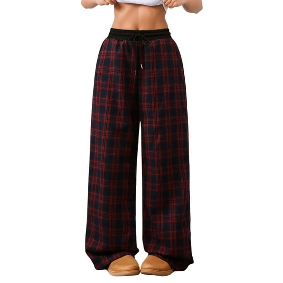 TrendOFT Plaid Checkered Pants Women Wide Leg Baggy Pajama Pants Cute Elastic Waist Lounge Trousers with Pockets Red L