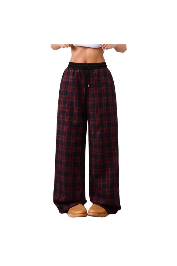 Plaid Checkered Pants Women Wide Leg Baggy Pajama Pants Cute Elastic Waist Lounge Trousers with Pockets Red M